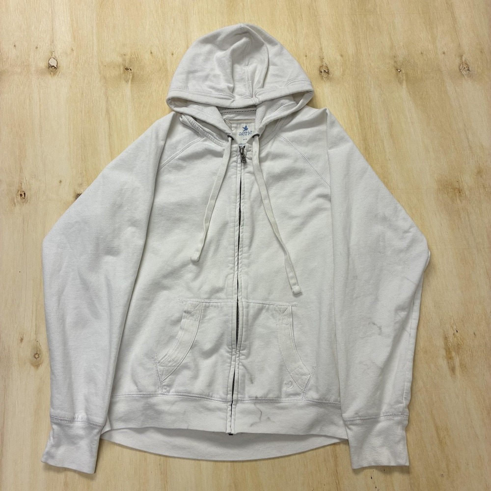 Aerie Hoodie Womens Medium White Full Zip Fleece Hooded Kangaroo‎ Pocket Logo